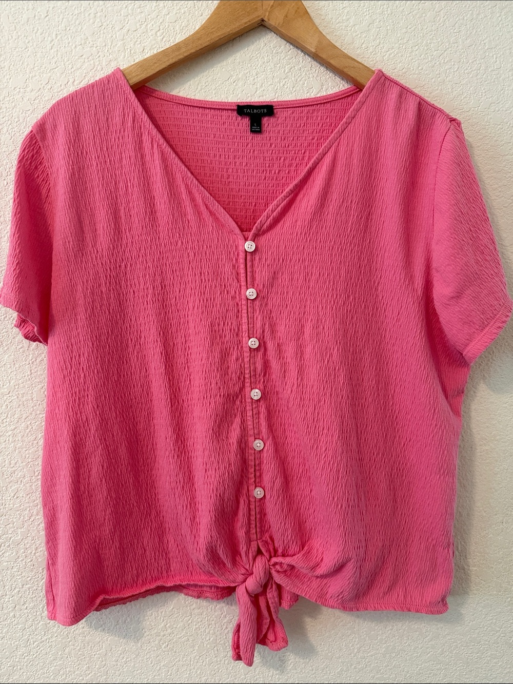 Talbots Hot Pink Short-Sleeve Button Front Tie Hem Top, Large, Relaxed Fit